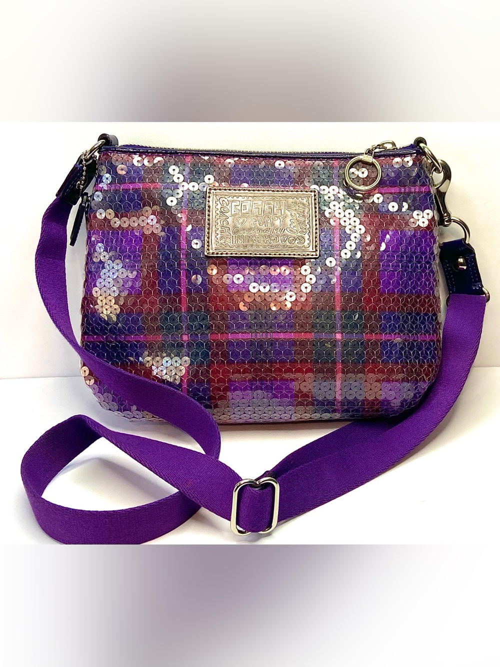 COACH POPPY Y2K EUC small  Purple Sequin Crossbody Plaid Accent bag - Picture 2 of 15